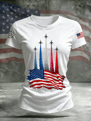 Women's Independence Day American Flag Jet Planes Print Casual Tee