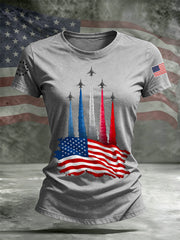 Women's Independence Day American Flag Jet Planes Print Casual Tee