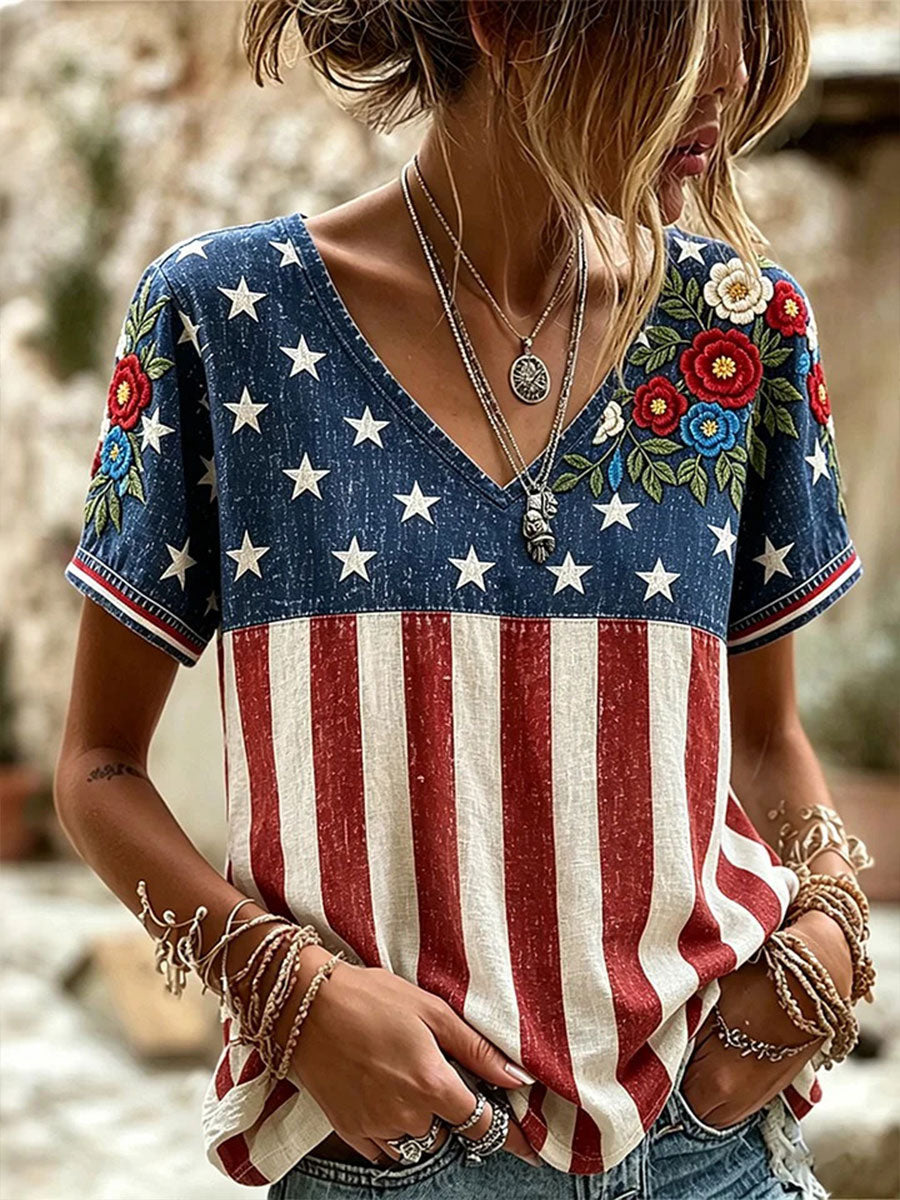 Women's American Flag Floral Print Casual T-shirt
