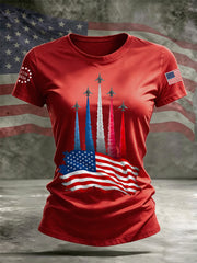 Women's Independence Day American Flag Jet Planes Print Casual Tee