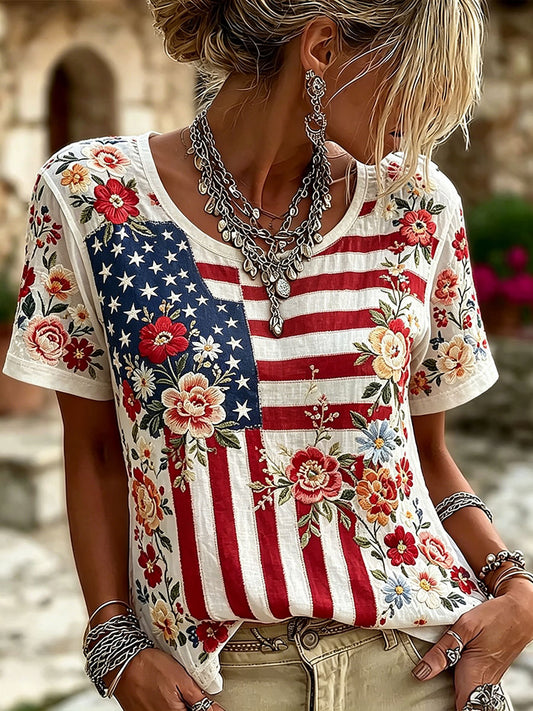 Women's American Flag Floral Print Casual T-shirt