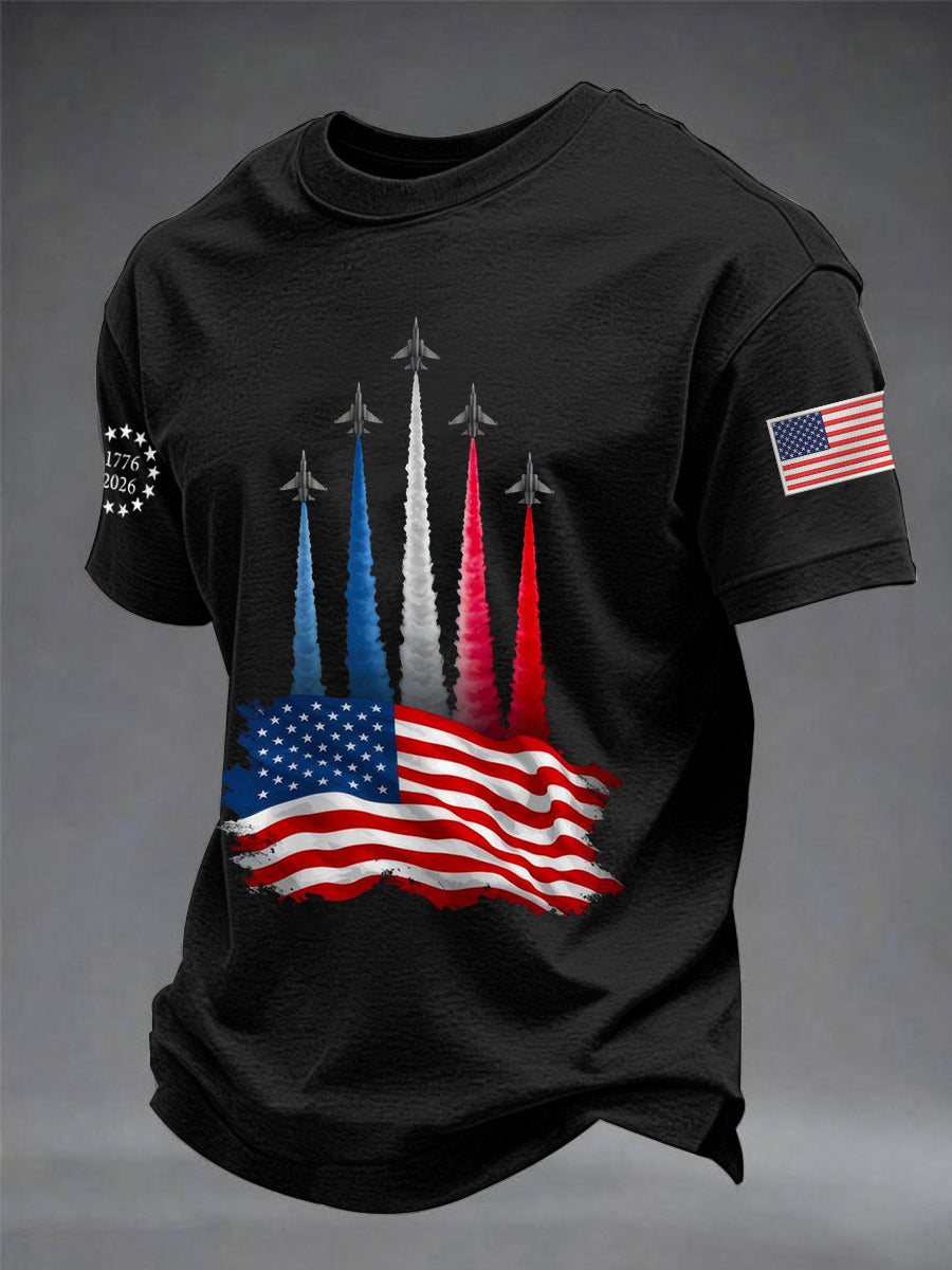 Men's Independence Day American Flag Jet Planes Print Casual Tee