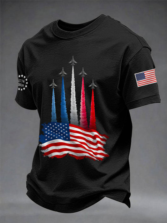 Men's Independence Day American Flag Jet Planes Print Casual Tee
