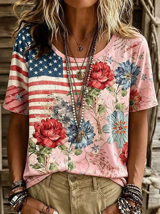 Women's American Flag Floral Print Casual T-shirt