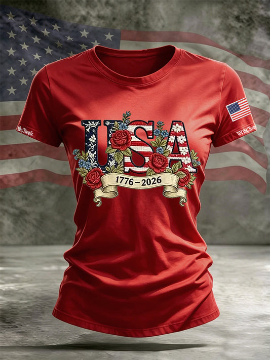 Women's Independence Day Flag Flower Print Casual O-neck Short Sleeve T-shirt
