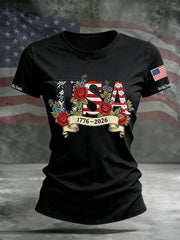 Women's Independence Day Flag Flower Print Casual O-neck Short Sleeve T-shirt