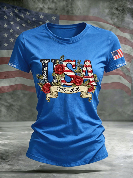 Women's Independence Day Flag Flower Print Casual O-neck Short Sleeve T-shirt
