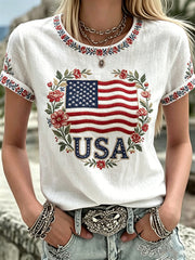 Women's America Floral Print Casual T-Shirt