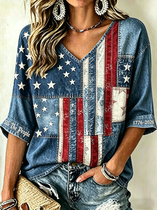 Women's Vintage Independence Day Flag Art  V-Neck T-Shirt