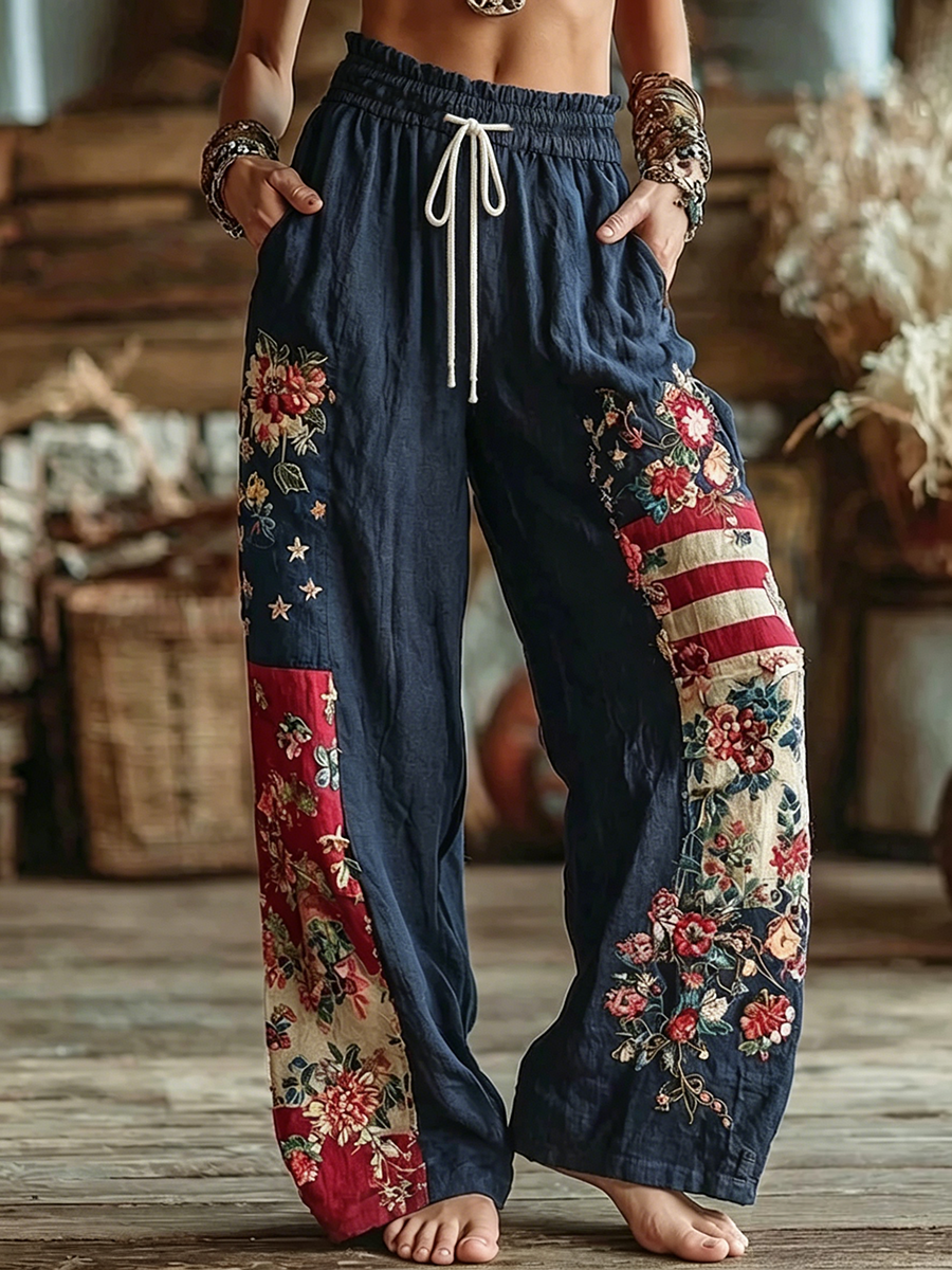 Women's American Floral Cotton And Linen Long Pants