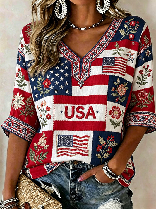 Women's America Floral Print Casual T-shirt