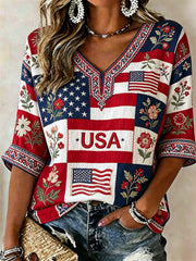 Women's America Floral Print Casual T-shirt