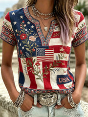 Women's America Floral Print V-Neck Casual T-Shirt