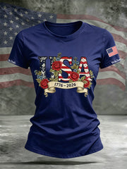 Women's Independence Day Flag Flower Print Casual O-neck Short Sleeve T-shirt