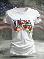 Women's Independence Day Flag Flower Print Casual O-neck Short Sleeve T-shirt