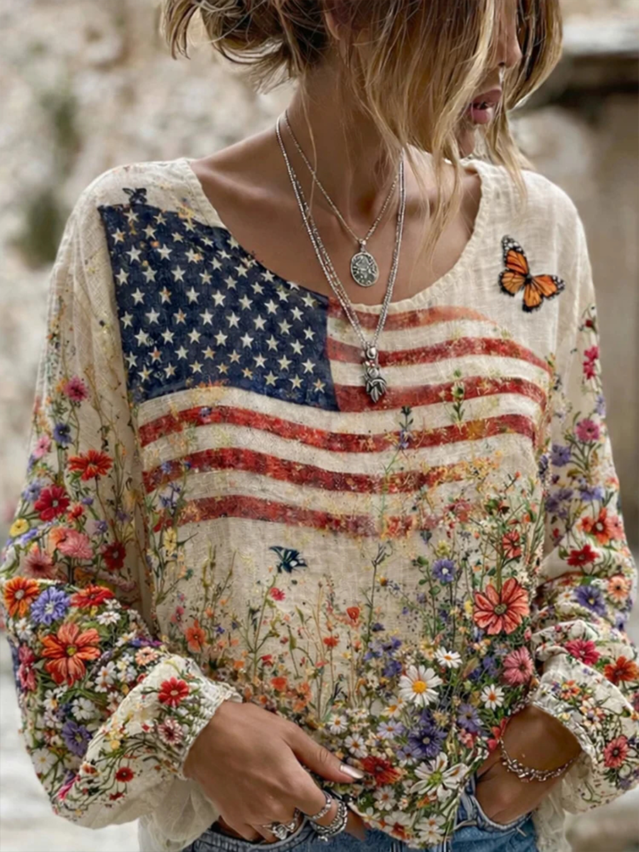 Women's American Flowers Cotton-Linen Shirt