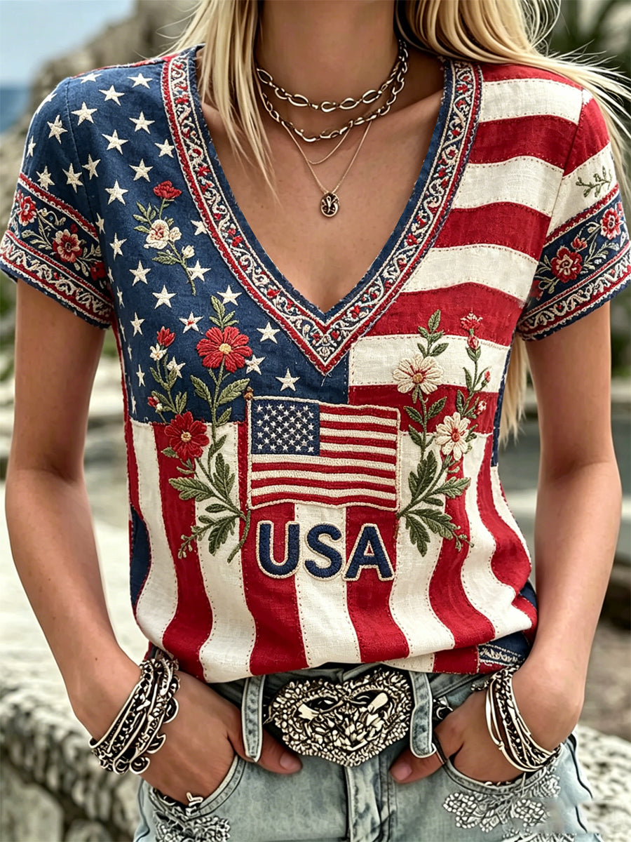 Women's America Floral Print V-Neck Casual T-Shirt