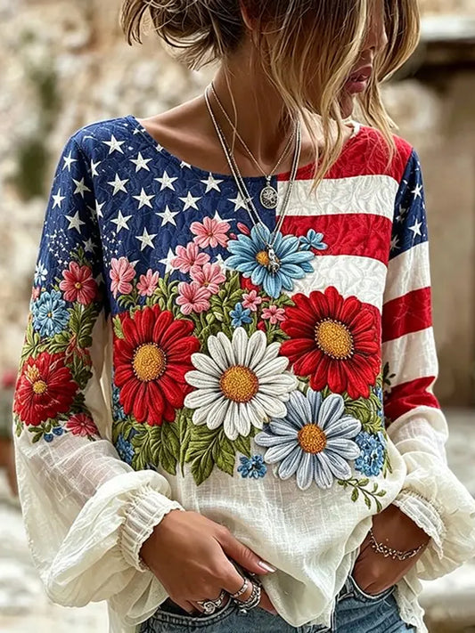 Women's Vintage Independence Day Flag Flower Art Print Linen Top