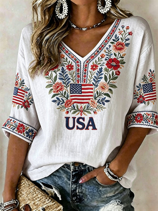 Women's America Floral Print Casual T-shirt