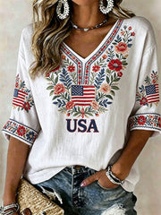 Women's America Floral Print Casual T-shirt