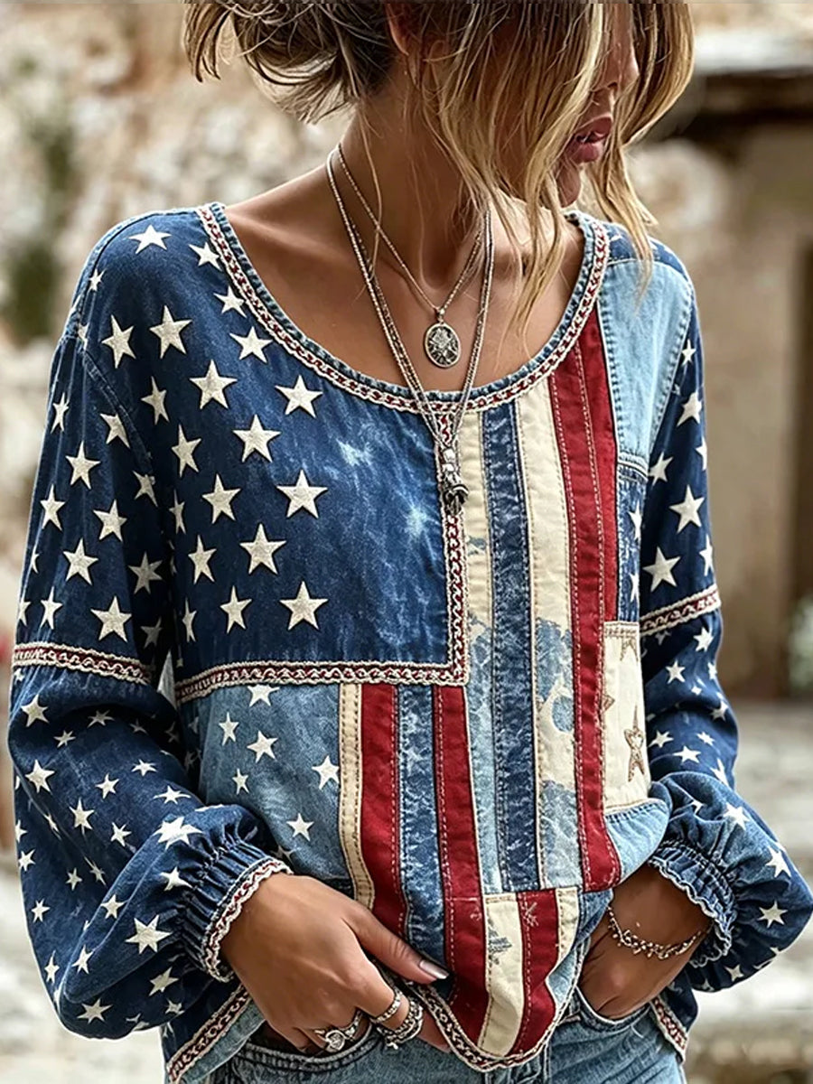 Women's Vintage Independence Day Flower Art Print Linen Top