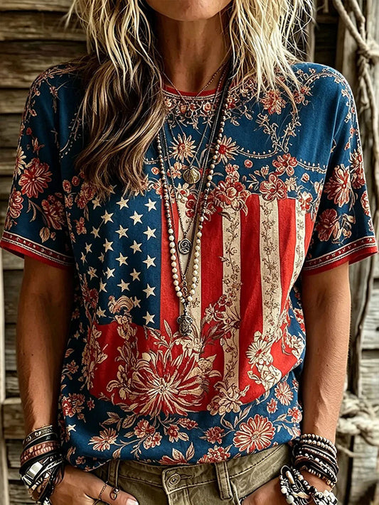 Women's American Flag Floral Casual T-Shirt