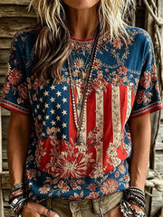 Women's American Flag Floral Casual T-Shirt