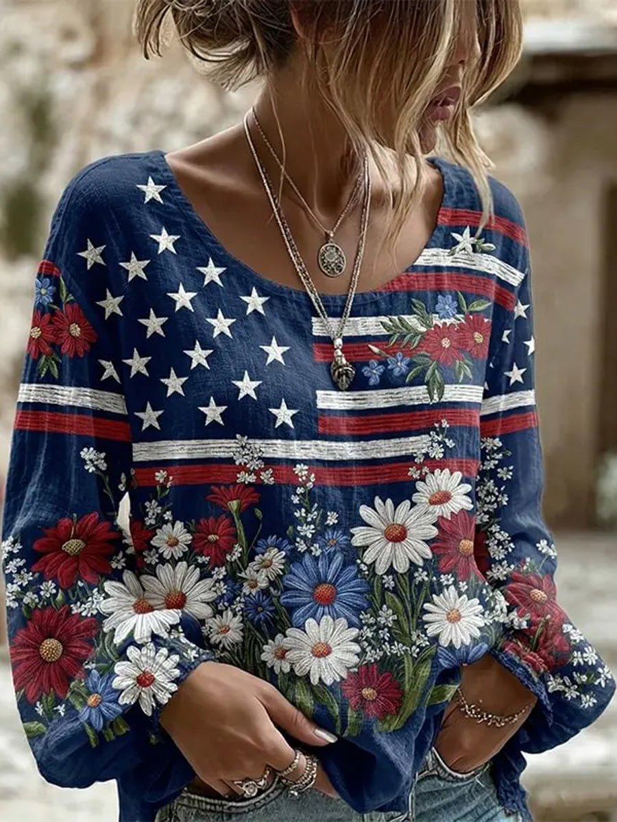Women's Vintage Independence Day Flower Art Print Linen Top