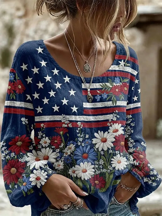 Women's Vintage Independence Day Flower Art Print Linen Top
