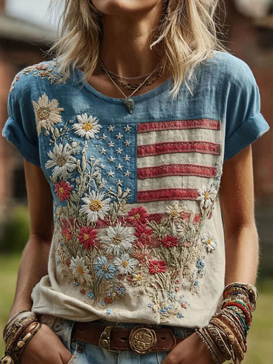 Women's American Flag Floral Casual T-Shirt