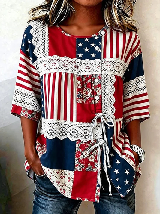 Women's American Flag Flowers Cotton-Linen Button-Front Top With Ties