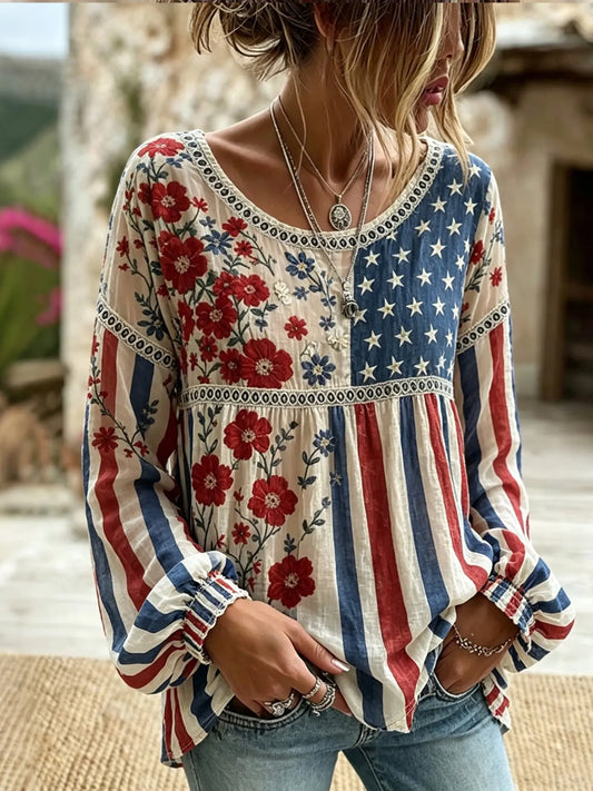 Women's Vintage Independence Day Flower Art Print Linen Top