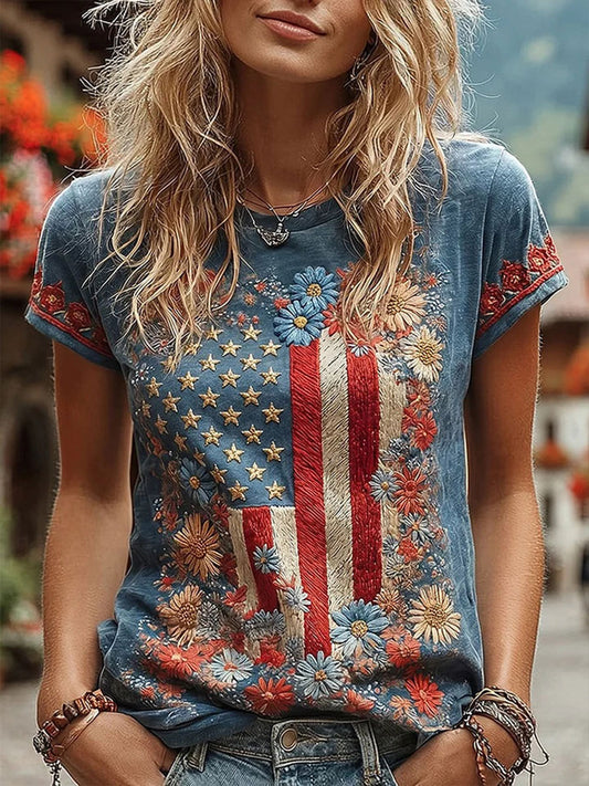 Women's American Flag Floral Casual T-Shirt