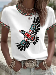 Women's Indigenous-Style Casual T-Shirt with Embroidery and Print