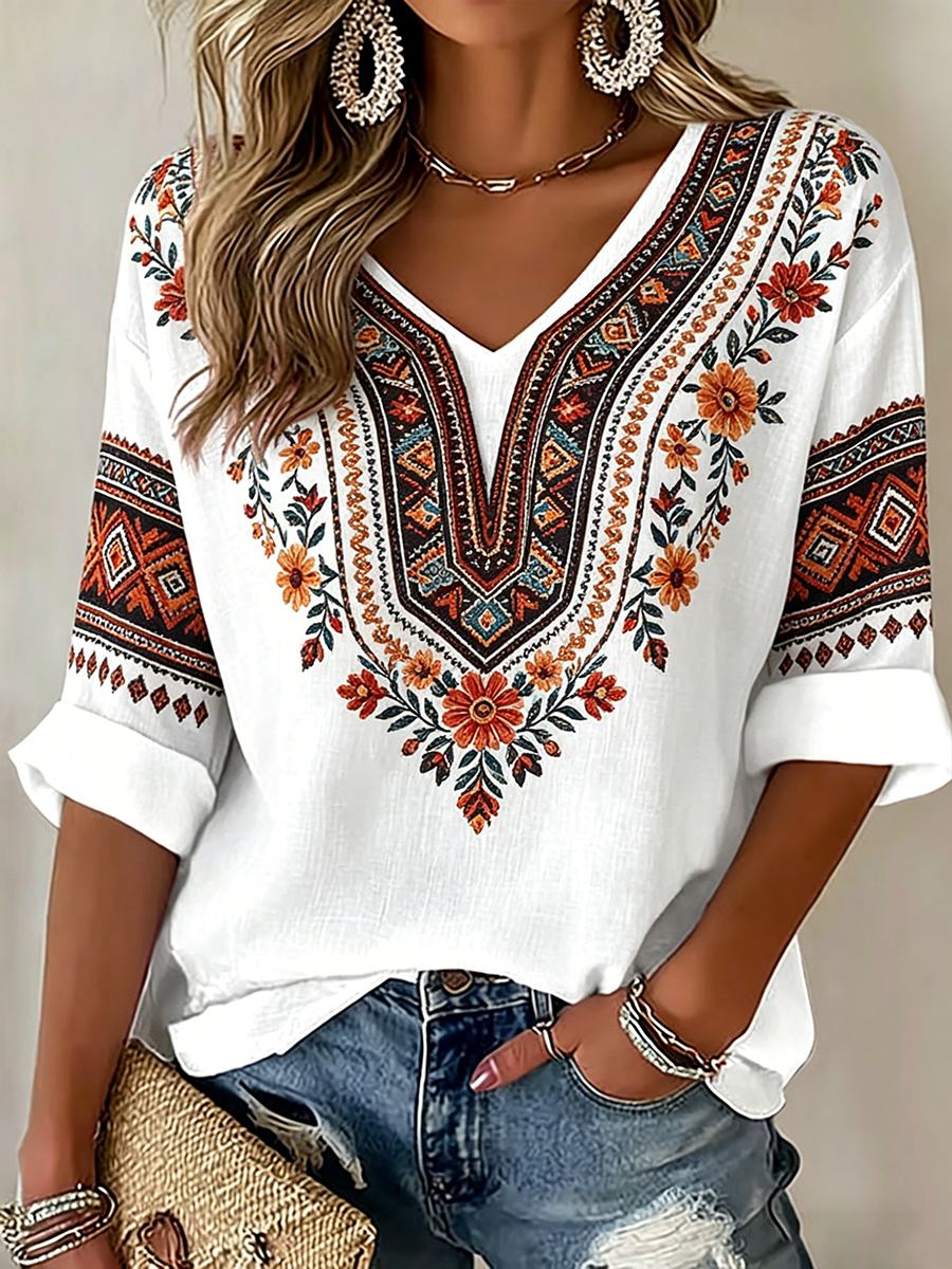 Women's Indigenous Floral Print Casual T-Shirt