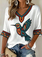 Women's Indigenous Hummingbird Art V-Neck Tops