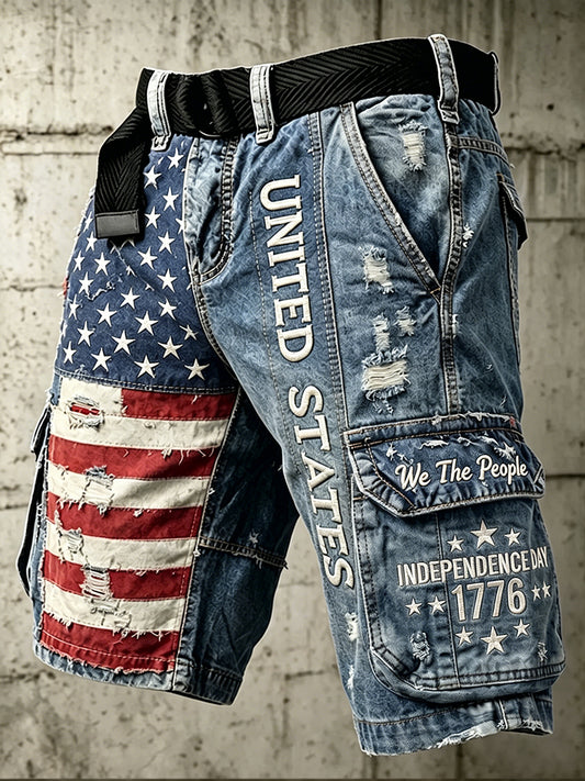 Men's Independence Day Retro American Flag Camouflage Art Print Casual Shorts