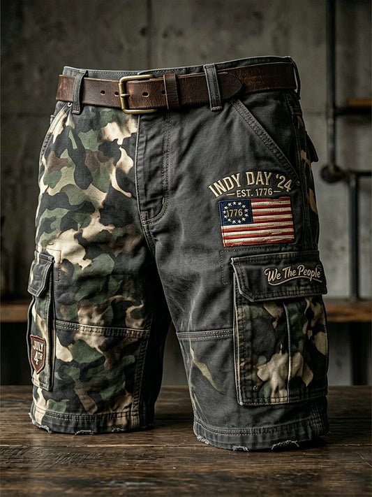 Men's Independence Day Retro American Flag Camouflage Art Print Casual Shorts