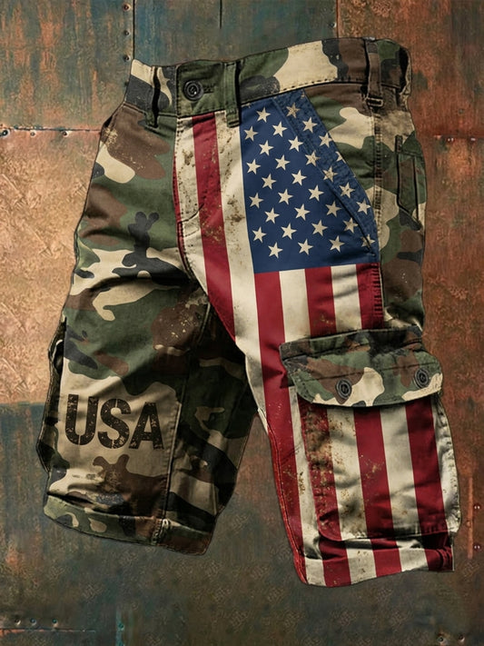 Men's USA Flag Camouflage Print Casual Cargo Shorts