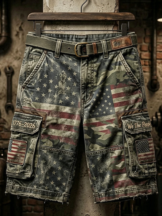 Men's Independence Day Retro American Flag Camouflage Art Print Casual Shorts