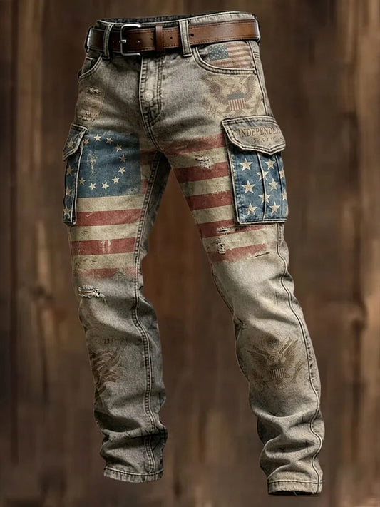 Men's Independence Day American Flag Art Print Casual Cargo Pockets Pants