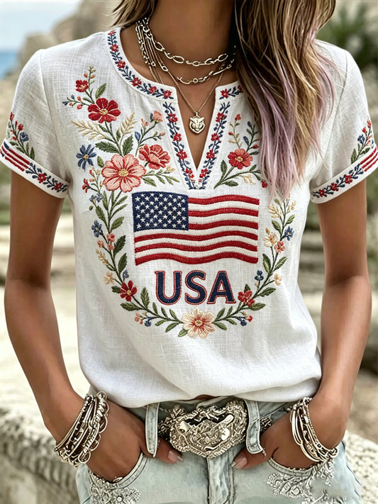Women's America Floral Print V-Neck Casual T-Shirt
