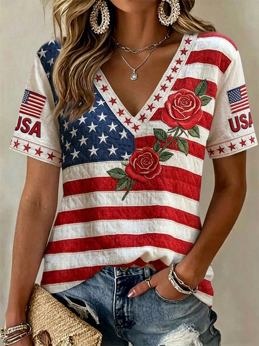 Women's Independence Day Anniversary Floral And Flag  Art Cotton Linen V-neck Short Sleeve Top
