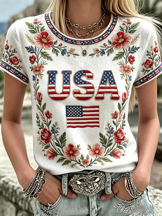 Women's America Floral Print Casual T-Shirt