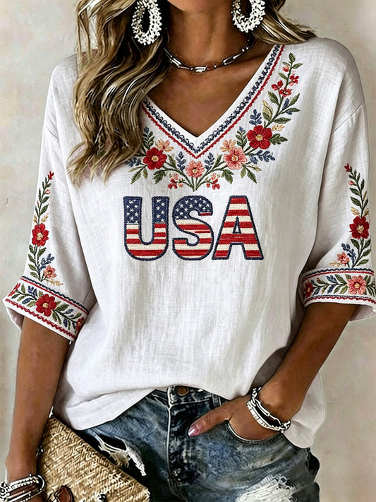 Women's America Floral Print Casual T-shirt