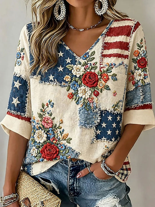 Women's American Flag Floral Print Casual T-Shirt