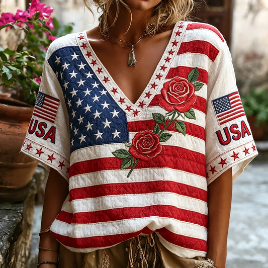 Women's Independence Day Anniversary Floral And Flag  Art Cotton Linen V-neck Short Sleeve Top