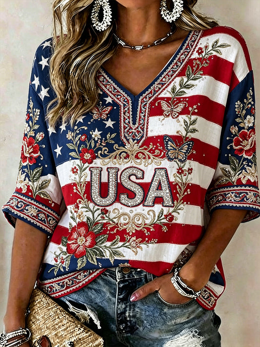 Women's America Floral Print Casual T-shirt