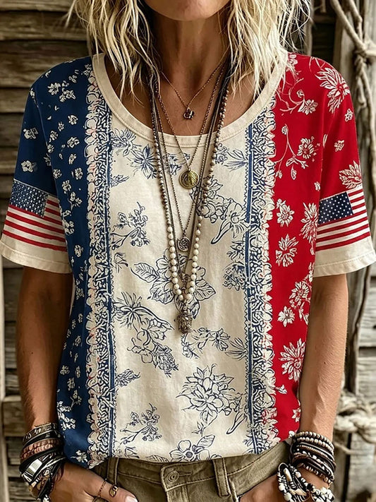 Women's American Flag Floral Print Casual T-Shirt