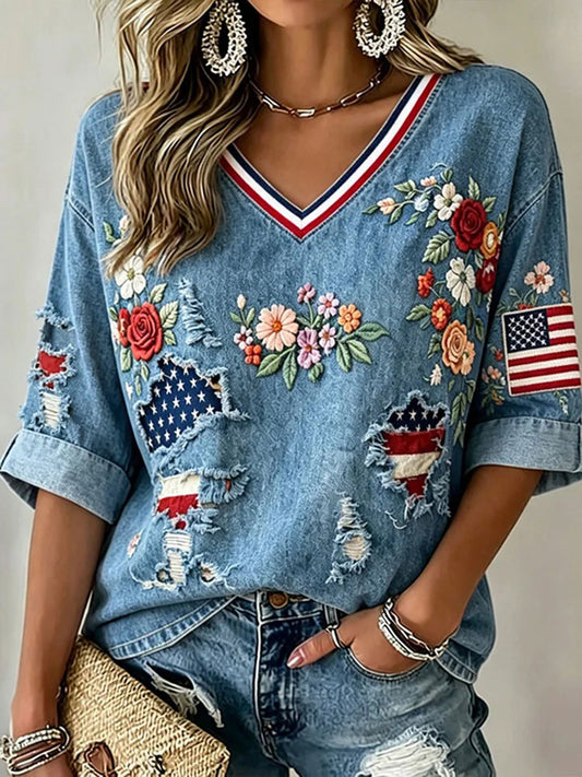 Women's American Flag Floral Print Casual T-Shirt